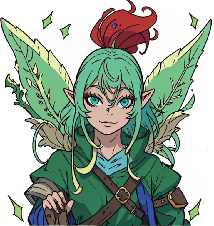 Estilo anime, close up fada com roupas medievais, (( Fada feminina de pele verde, cabelo moicano))! A closeup of a fairy with a green head and red hair, retrato feminino do duende, Elfpunk, Personagem Pixie, uma fada rainha, Peculiar Rei de Faes ( com longo, Retrato de uma rainha elfa, Um retrato de um elfo, goblin dnd personagem, female elfling, Retrato de um elfo, elven character with smirk, personagem de fantasia complexa