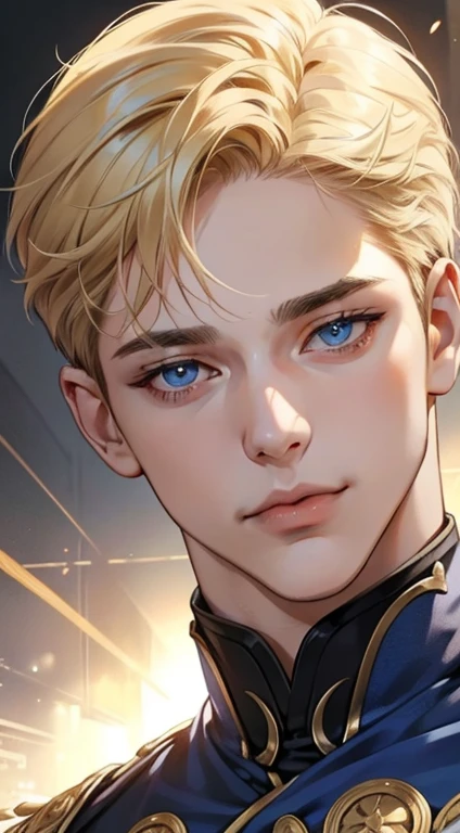 1 male with unique and beautiful features. He has bronze skin, short blond hair, ((big eyes, charming blue eyes, that give his face a touch of mystery and attraction)), He wears elegant and innovative clothes that reflect a unique character and a strong personality, 8k, high quilty, realistic, beautiful realistic, Cool details, raw photo, realistic clothing, short hair, blond hair, realistic hair, Light and cool lighting, photo realistic, Cel shaded, Gel lighting, ultra details
