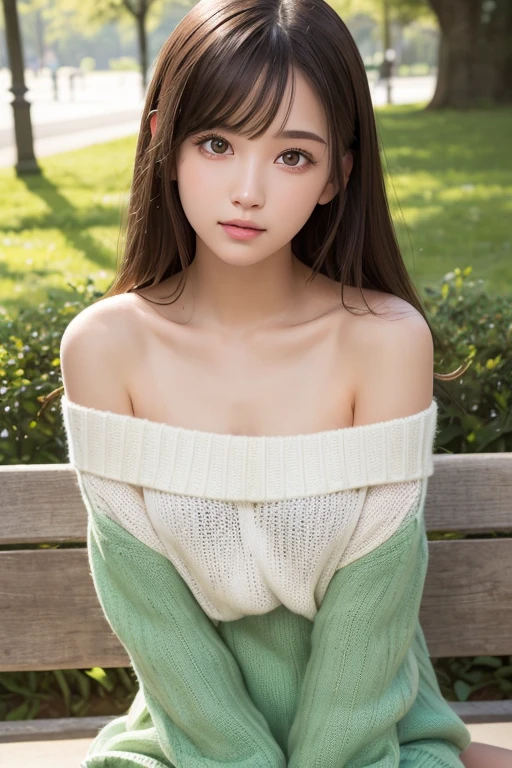 one girl, (a beauty girl, delicate girl:1.3), (:1.3),
break, (Off-the-shoulder sweater, White sweater dress:1.2),
break, Very fine grain definition, (Symmetrical eyes:1.3),
break, (Lush green park:1.3), 
break, Small breasts, Brown eyes, Parted bangs, Brown Hair,  girl,
break, (Eye and facial details:1.0),
break, (masterpiece, highest quality, Super detailed, Detailed face, 8k)、Thighs、From above、Sitting with your knees