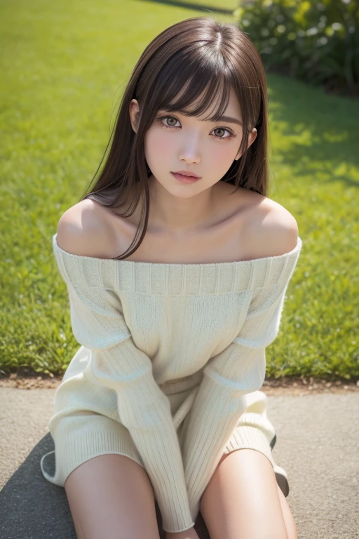 one girl, (a beauty girl, delicate girl:1.3), (:1.3),
break, (Off-the-shoulder sweater, White sweater dress:1.2),
break, Very fine grain definition, (Symmetrical eyes:1.3),
break, (Lush green park:1.3), 
break, Small breasts, Brown eyes, Parted bangs, Brown Hair,  girl,
break, (Eye and facial details:1.0),
break, (masterpiece, highest quality, Super detailed, Detailed face, 8k)、Thighs、From above、Sitting with your knees