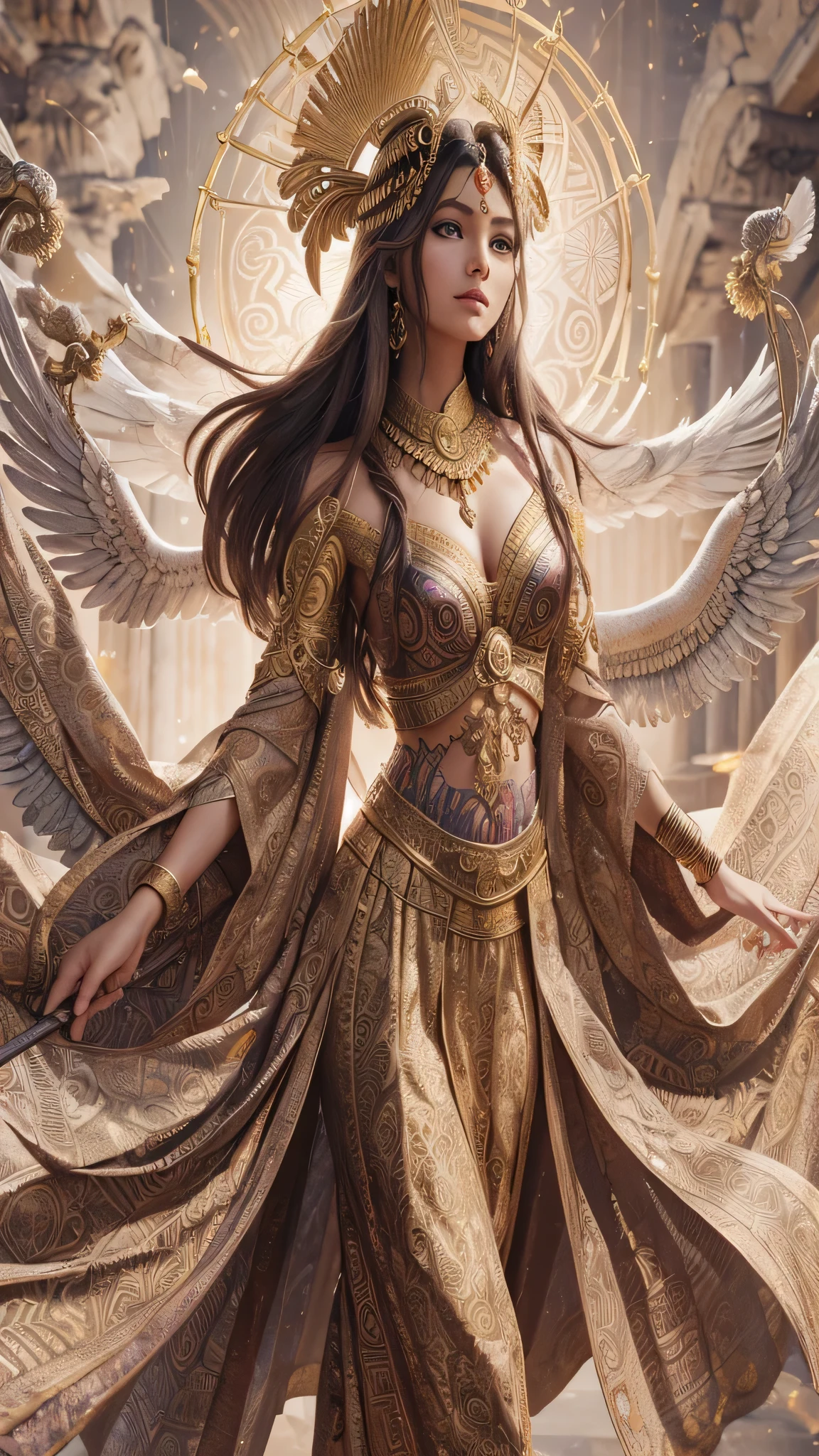 3D image character of goddess Athena wearing a batik outfit, with wings, staff, Shield of medusa head, and ancient Greek symbols. The image should be realistic, high quality, with vibrant and rich colors, golden accents, a majestic pose with outstretched arms, an ethereal quality background, soft otherworldly lighting, with emphasized highlights on her face and hands, ensuring the overall composition has a balanced and dynamic feel