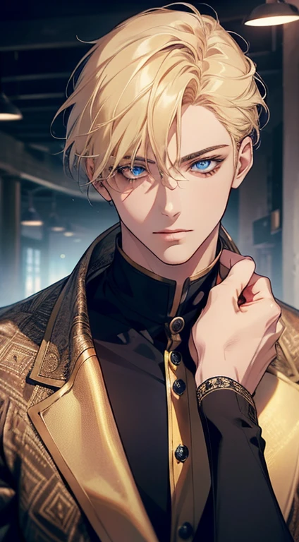 1 male with unique and beautiful features. He has bronze skin, short blond hair, ((big eyes, charming blue eyes, that give his face a touch of mystery and attraction)), He wears elegant and innovative clothes that reflect a unique character and a strong personality, 8k, high quilty, realistic, beautiful realistic, Cool details, raw photo, realistic clothing, short hair, blond hair, realistic hair, Light and cool lighting, photo realistic, Cel shaded, Gel lighting, ultra details
