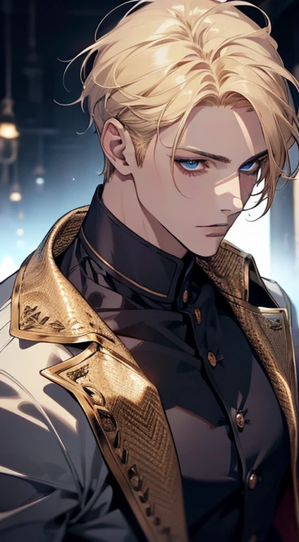 1 male with unique and beautiful features. He has bronze skin, short blond hair, ((big eyes, charming blue eyes, that give his face a touch of mystery and attraction)), He wears elegant and innovative clothes that reflect a unique character and a strong personality, 8k, high quilty, realistic, beautiful realistic, Cool details, raw photo, realistic clothing, short hair, blond hair, realistic hair, Light and cool lighting, photo realistic, Cel shaded, Gel lighting, ultra details