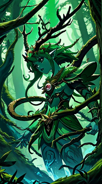 a close up of a monster with horns on it's head, treant, tree druid, god of the forest, cernunnos, plant spirit, nature druid, of an evil tree wizard, god of nature, snake skin armor forest dryad, the oracle of trees, official splash art, ent, forest spirit, ent treant dryad((belerek from mobile legends)), green guardian in mobile legends,