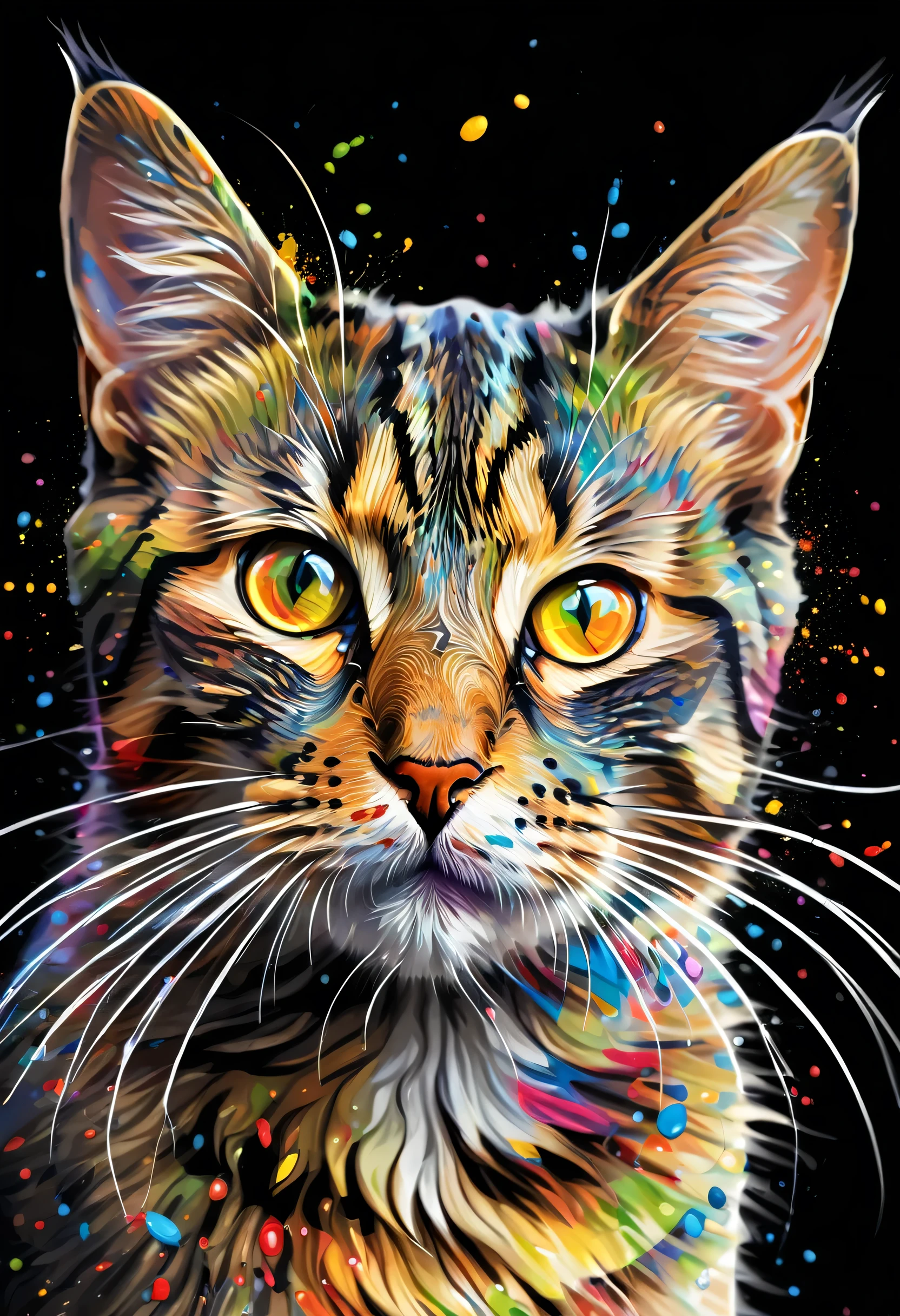 painting of a Cat with colorful paint splatters on its face, Cat. Digital Painting, Digital Painting Very detailed, 4k Very detailed Digital Art, Beautiful Art UHD 4K, Very detailed Digital Painting, 4k detailed Digital Art, Detailed painting 4k, Digital Art. Very detailed, Very detailed Digital Art, Very detailed Digital Artwork, colorful Digital Painting