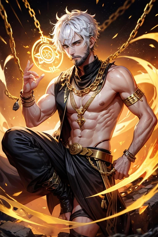30 year old man, short hair with white beard, short messy hair, black eyes, djinn clothing, open sleeveless golden vest, golden vest with black Arabic print, light black Arabic pants, golden belt, djinn bracelet with gems, black boots , brown boots, phosphorescent gold tattoos, surrounded by fire and white smoke with magic circles with chains tied to hands and feet surrounded by white chains on a background of Arab ruins. with magic circles and a crown of fire on his head, robust and slim build