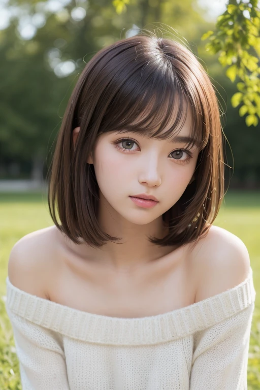 one girl, (a beauty girl, delicate girl:1.3), (16 years old:1.3),
break, (Off-the-shoulder sweater, White sweater dress:1.2),
break, Very fine grain definition, (Symmetrical eyes:1.3),
break, (Lush green park:1.3), 
break, Small breasts, Brown eyes, Parted bangs, Brown Hair,  girl,
break, (Eye and facial details:1.0),
break, (masterpiece, highest quality, Super detailed, Detailed face, 8k)、Thighs、From below、Sitting with your knees、Hair blowing in the wind