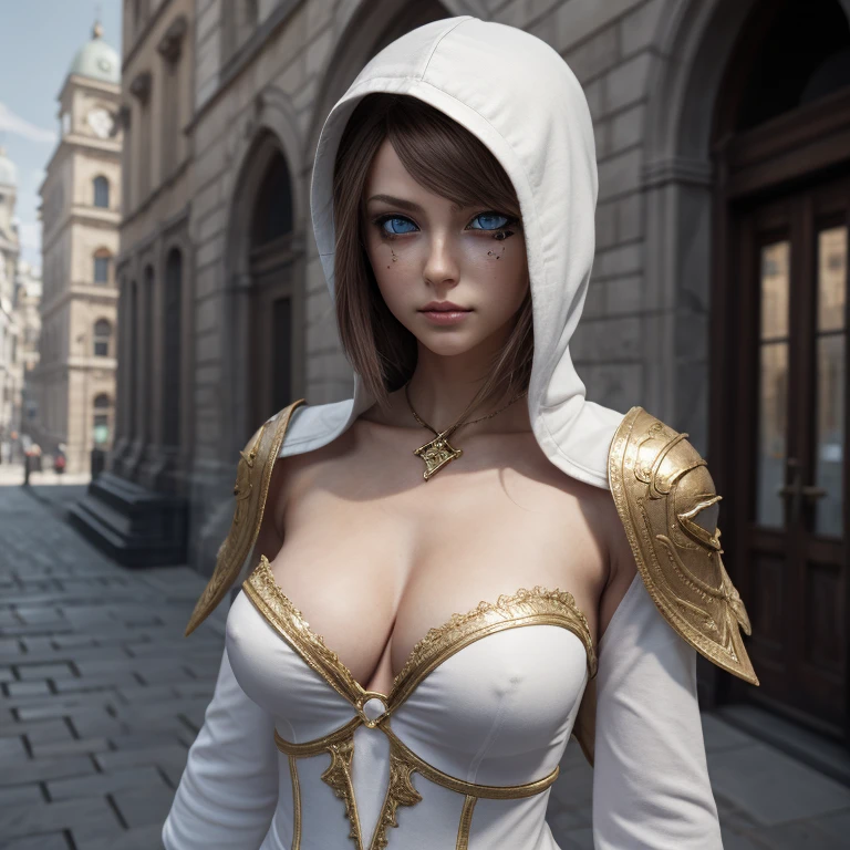 A full-body shot of topless Princess Zelda, brown hair, blue eyes, dressed as an Assassin from Assassins Creed, in white+gold witha white mask and hood with gold details, XL bust, using a wrist blade. Background: A city during the renaissance period. Unreal Engine 5, Anime, Anime style, Masterpiece, Well drawn eyes, well drawn face, well detailed eyes, well detailed face, 8k, light and shadow effect.