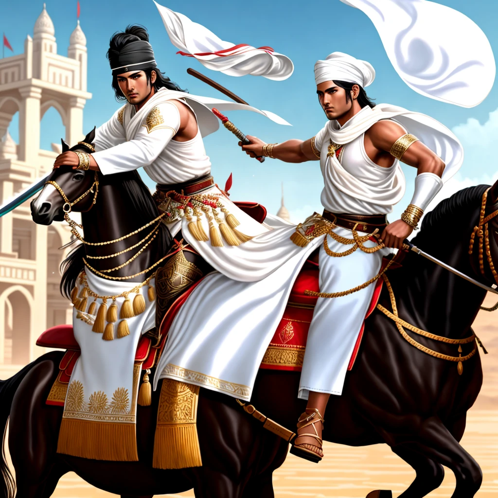Illustration of glossy airbrush oil paint close up an Indonesian warlord riding a black horse is riding the battlefield. handsome, dignified, clean face (no mustache & no beard), white turban, white shirt, white robe, black belt, white silat trousers, white Yogyakarta batik cloth with unique & complicated motifs, long thigh-highs, strappy sandals. The left hand holds the saddle, the right hand holds the keris, raised upwards. around him there were many soldiers from the Mataram palace. This scene is interesting agility and speed, with dust flying. The background shows a crowd of battle arenas. The image is detailed and shiny, providing emphasis dynamic action.ultra-hd.hd.65k