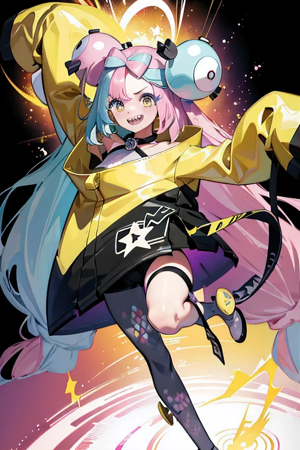 Highest quality、masterpiece、Anime Style、Pink hair and purple-yellow gradient eyes、Baggy yellow jacket、Raise your right hand high、Lower your left hand、Stand with only your right foot、Lift your left leg。Sharp teeth、smile、White background、