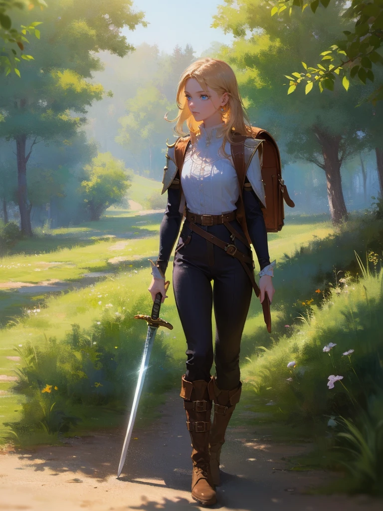 fantasy, 1 woman, Emily, 18 year old woman, mature and confident demeanor, full body illustration, long blond hair, hair comes down to her mid-back, crystal blue eyes, high detail, wearing adventurer gear (long sleeve cream colored form fitting top with small brown shoulder pads, dark brown pants, brown boots, backpack, sheathed sword at waist), attire is modest but feminine, intricate details, ultra high resolution, sharp focus, HD, 8k, clear facial features,clear details, walking through a path in the woods, zoomed out view
