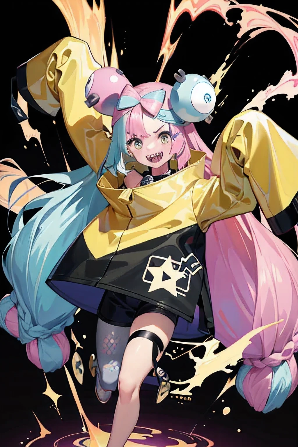 Highest quality、masterpiece、Anime Style、Pink hair and purple-yellow gradient eyes、Baggy yellow jacket、Raise your right hand high、Lower your left hand、Stand with only your right foot、Lift your left leg。Sharp teeth、smile、White background、