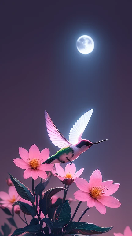 Hummingbird,garden,moonlight,Shadow,peaceful,Calm,,Rich and colorful,Blooming Flowers,,Illuminate,Calm,Soft Light,Delicate Wings,