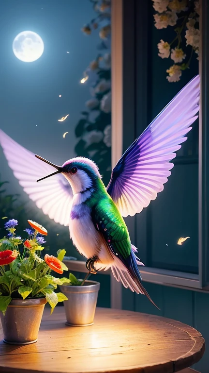 Hummingbird,garden,moonlight,Shadow,peaceful,Calm,,Rich and colorful,Blooming Flowers,,Illuminate,Calm,Soft Light,Delicate Wings,