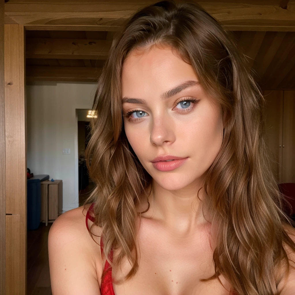 Belle brune aux reflets blonds portant en soutien gorge sexy rouge (dans une salle ), very detailed, 22 ans, , , visage innocent, natural wavy hair, yeux bleus, high resolution, chef-d'artwork, Best quality, Intricate details, very detailed, Sharpness, detailed skin, texture de peau réaliste, texture, detailed eyes, professionnel, 4k, sourire charmant, shot with Canon, 85mm, faible profondeur de champ, Couleur de vision Kodak, corps parfaitement ajusté , Extremely detailed, la photographie_\(ultra\), photorealistic, Realistic, Post-traitement, Maximum details, roughness, vrai vie, ultra realistic, photorealism, la photographie, 8k euh, la photographie, gros seins,from the back looking at the camera ,et touchant ses fesses