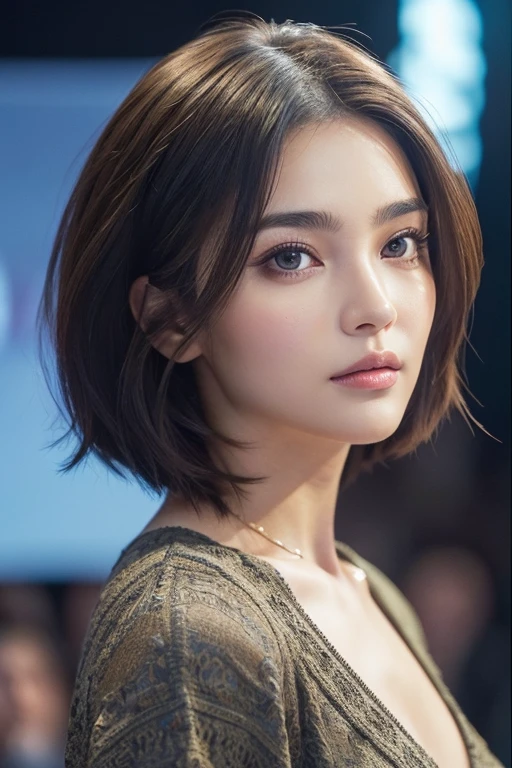 ８hair, Very detailed, masterpiece, highest quality, Photorealistic, Detailed face, face close-up, Fine Eyes, A unified gaze, 25-year-old woman, 1 person, Beautiful Face, (The lips are thick and full:1.4), (Body and face are facing forward), Nice body, ((Watching the audience)), (Asymmetrical Bob:1.1),Casual clothing, Shapely bust