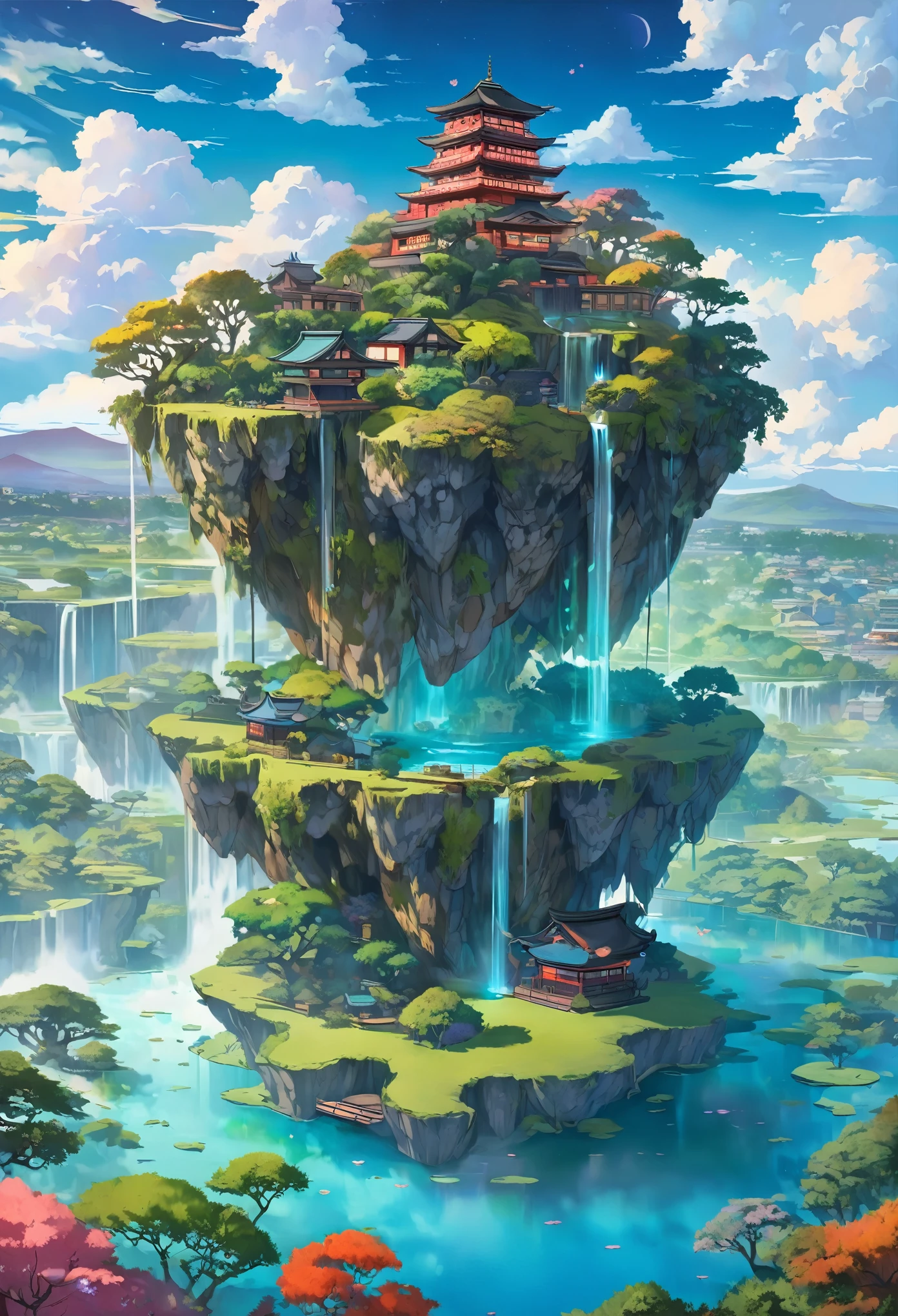 floating, floatingisland, landscape, floating island, Fantastic sky, rich vegetation, Magical creatures, Vibrant colors, Surreal beauty, Dreamy atmosphere, Soft sunlight, Through the clouds, hidden cave, waterfall, Japantown, Mysterious Aura, Fantastic flora and fauna, Quiet Peace, enchanting landscape, The charm of another world
