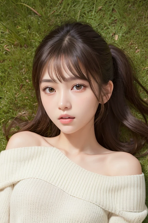 one girl, (a beauty girl, delicate girl:1.3), (16 years old:1.3),
break, (Off-the-shoulder sweater, White sweater dress:1.2),
break, Very fine grain definition, (Symmetrical eyes:1.3),
break, (Lush green park:1.3),
break, Small breasts, Brown eyes, Parted bangs, Brown Hair, girl,
break, (Eye and facial details:1.0),
break, (masterpiece, highest quality, Super detailed, Detailed face, 8k)、Thighs、From below、Lying on the grass、ponytail、