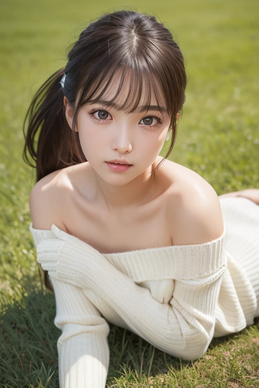 one girl, (a beauty girl, delicate girl:1.3), (:1.3),
break, (Off-the-shoulder sweater, White sweater dress:1.2),
break, Very fine grain definition, (Symmetrical eyes:1.3),
break, (Lush green park:1.3), 
break, Small breasts, Brown eyes, Parted bangs, Brown Hair,  girl,
break, (Eye and facial details:1.0),
break, (masterpiece, highest quality, Super detailed, Detailed face, 8k)、Thighs、From below、Lying on the grass、ponytail、