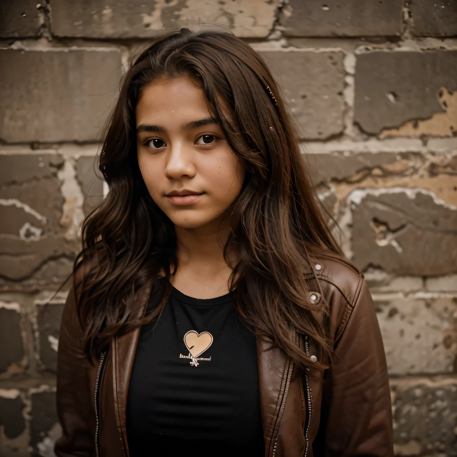 Fourteen-year-old Venezuelan girl with long, curly hair. A round face. wearing a leather jacket