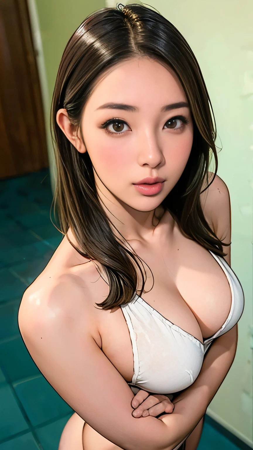 1 Female,show off breasts,nose blush,from above,upper body,breast hold,Ultra-realistic as a photo,highest quality,8k, Ultra-high resolution,RAW Photos,well-proportioned body,Beauty,Small and beautiful breasts,POV,Completely naked,Sharpness,to close range,