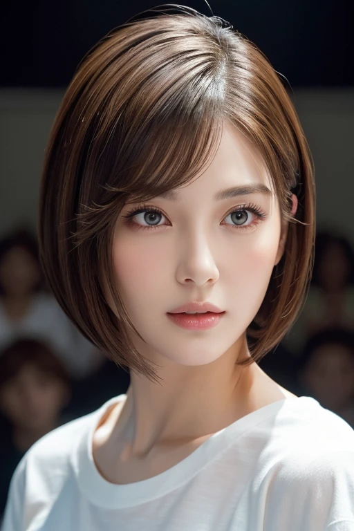 ((Best quality, 8k, Masterpiece :1.3)), 1girl, Pretty woman with slender abs :1.3, (Medium-short hair, Huge breasts :1.2), Cardigan :1.1, Ultra-detailed face, Detailed eyes, Double eyelid
