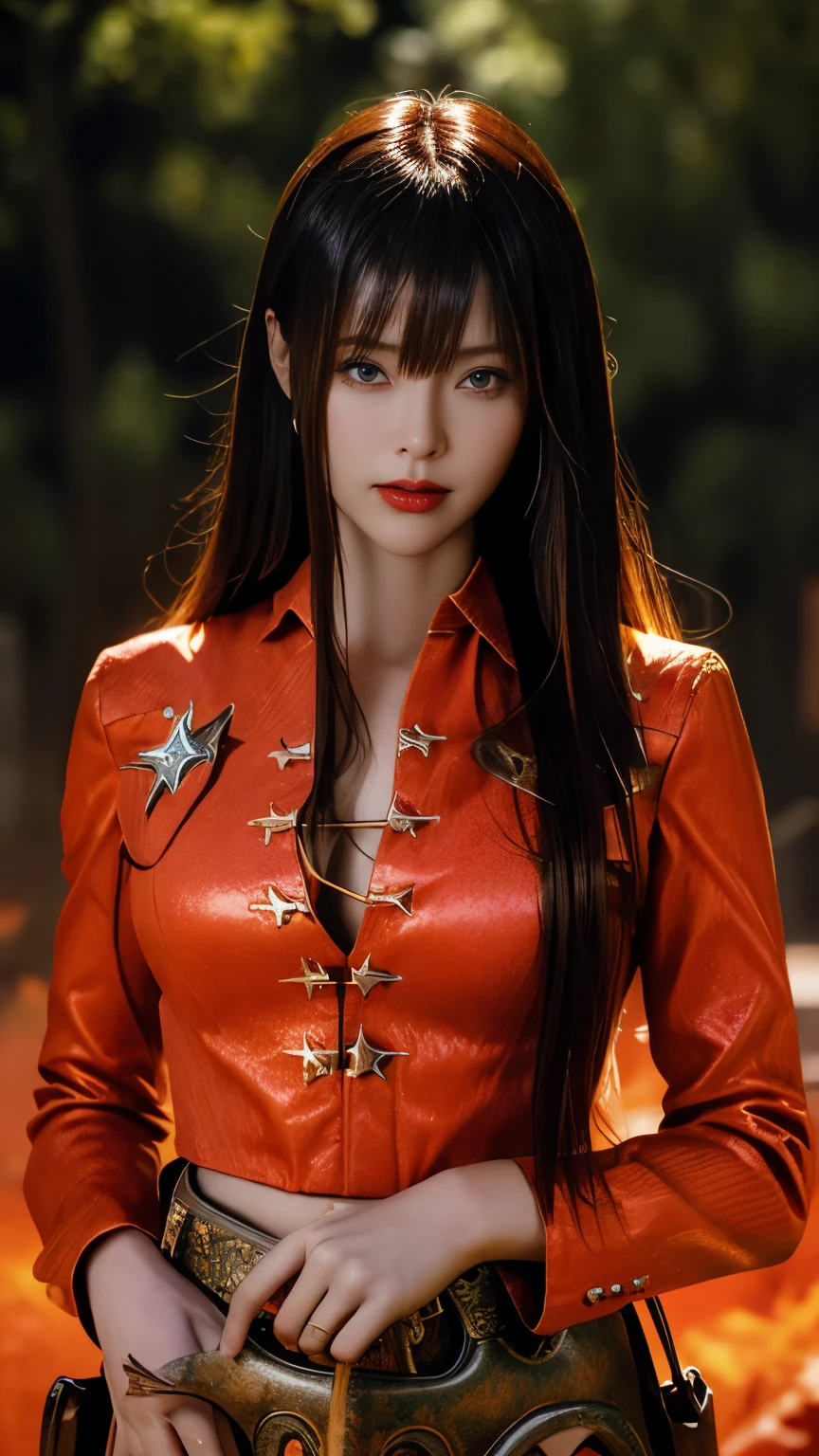 One girl,Brunette color hair,Red eyes,Fire Witch,Blood,Particles of light,light,wallpaper,High contrast,Dazzling,(Cowboy Shot:1.5)