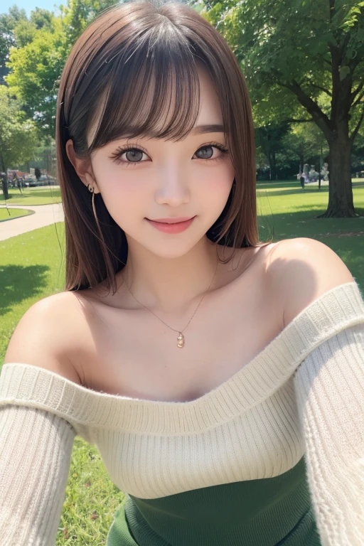 one girl, (a beauty girl, delicate girl:1.3), (:1.3),
break, (Off-the-shoulder sweater, White sweater dress:1.2),
break, Very fine grain definition, (Symmetrical eyes:1.3),
break, (Lush green park:1.3),
break, Small breasts, Brown eyes, Parted bangs, Brown Hair, girl,
break, (Eye and facial details:1.0),
break, (masterpiece, highest quality, Super detailed, Detailed face, 8k)、Thighs、Selfie、Lying on the grass、smile、Short Ponytail、