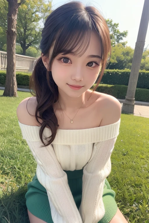 one girl, (a beauty girl, delicate girl:1.3), (16 years old:1.3),
break, (Off-the-shoulder sweater, White sweater dress:1.2),
break, Very fine grain definition, (Symmetrical eyes:1.3),
break, (Lush green park:1.3), 
break, Small breasts, Brown eyes, Parted bangs, Brown Hair,  girl,
break, (Eye and facial details:1.0),
break, (masterpiece, highest quality, Super detailed, Detailed face, 8k)、Thighs、Selfie、Lying on the grass、smile、Short Ponytail、