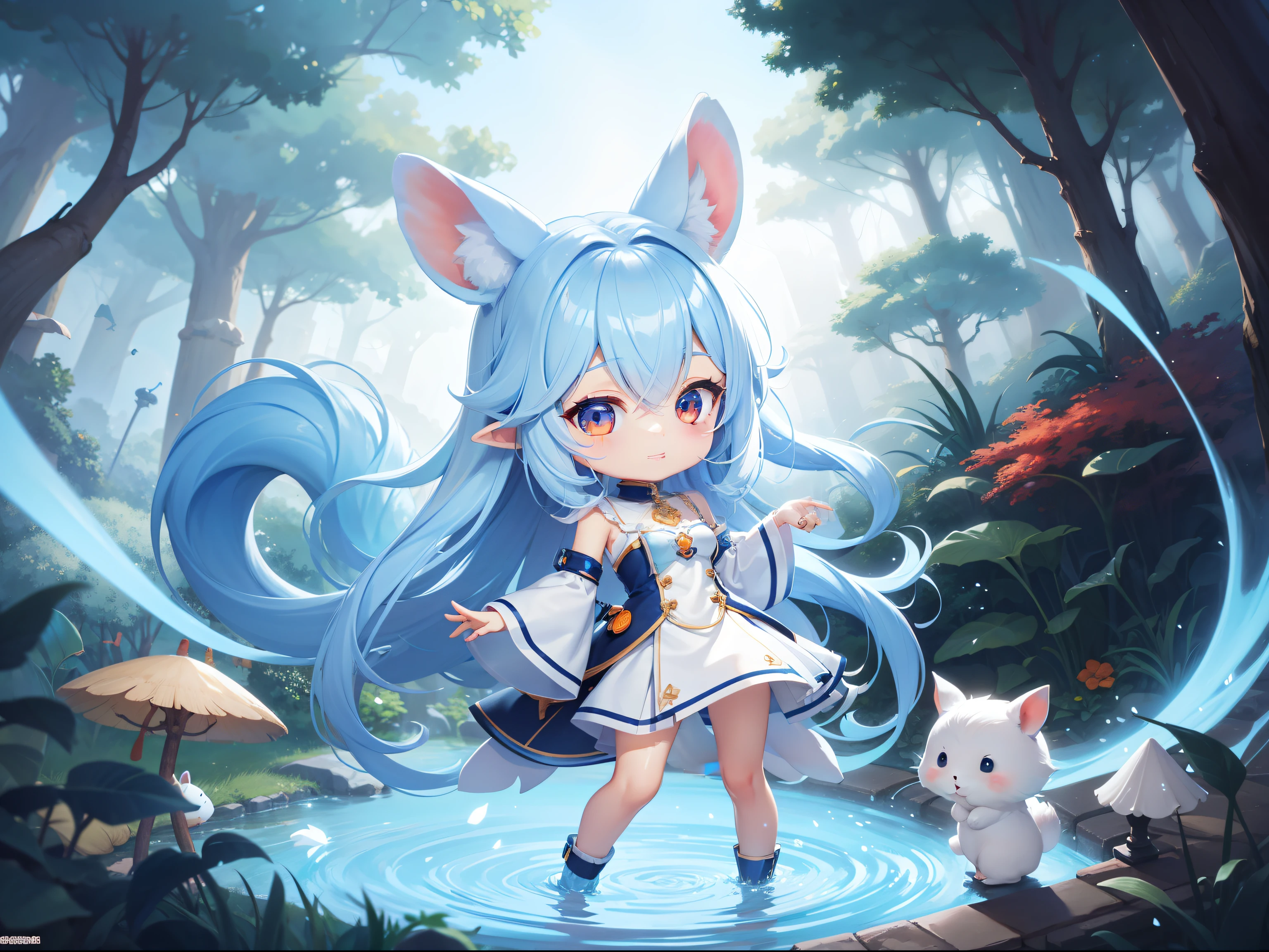 There are little white rabbits with carrots and long ears.,  Orejas largas blancas、Estoy con una chica larga de personaje chibi con cabello azul.。Es un lindo disfraz blanco y azul.。ojos oscuros。linda criatura del bosque, Cute mushrooms also grow、adorable pintura digital, lindo arte digital detallado, the ardilla king, lindo arte digital, lindos personajes de dibujos animados, lindo personaje, Criaturas lindas, chica, ilustraciones oficiales, arte oficial, ardilla, maple mouse, astri lohne,  lindo render 3d