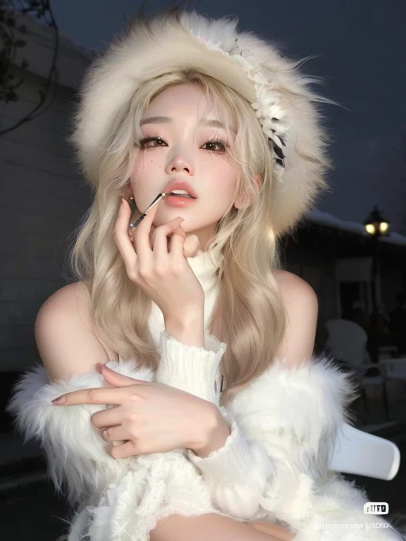 Mujer araffe con sombrero peludo y bata blanca fumando un cigarrillo., parque roseanne de blackpink, con el pelo largo y blanco, Heonhwa Choe, con pelo largo y blanco, bella delfina, con pelo largo y rubio, con pelaje blanco y esponjoso, ulzzang, piel blanca,Jang Wonyoung,Wonyoung from IVE
