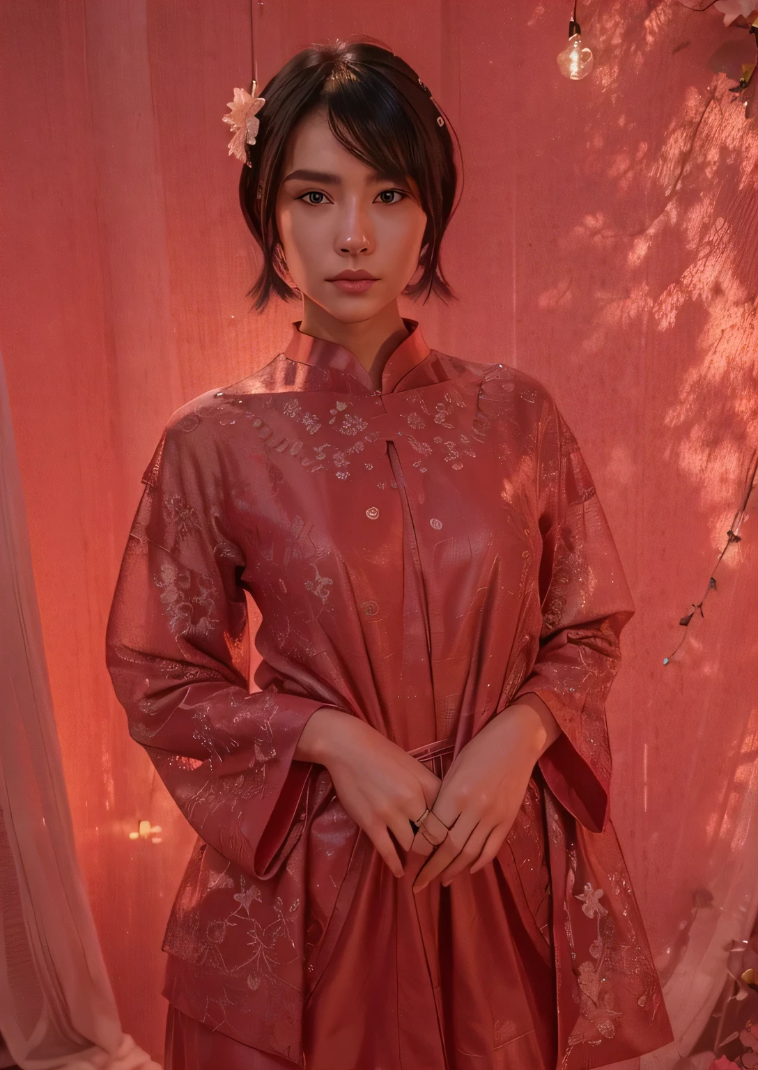(Best quality, 8k, 32k, Masterpiece, UHD:1.2) "Generate a captivating artwork featuring a young Japanese girl model with short, sleek black hair styled in a chic bob haircut. Envision her bathed in dramatic cinematic lighting, creating an atmosphere of allure and mystery. Emphasize a romantic aesthetic vibe, showcasing the model in a poised and elegant pose that evokes a sense of intimacy and sophistication. Utilize warm and soft tones to enhance the romantic ambiance, and consider incorporating elements like flowing fabrics or flowers to add a touch of ethereal beauty. Capture the essence of romance and beauty through the model's expression, the play of light and shadows, and the overall aesthetic, creating a visually compelling and emotionally resonant piece." (perfect eyes), flawless skin, flawless face, cinematic, tight body, ((well-proportion female hands)), ((female hands with five digits))