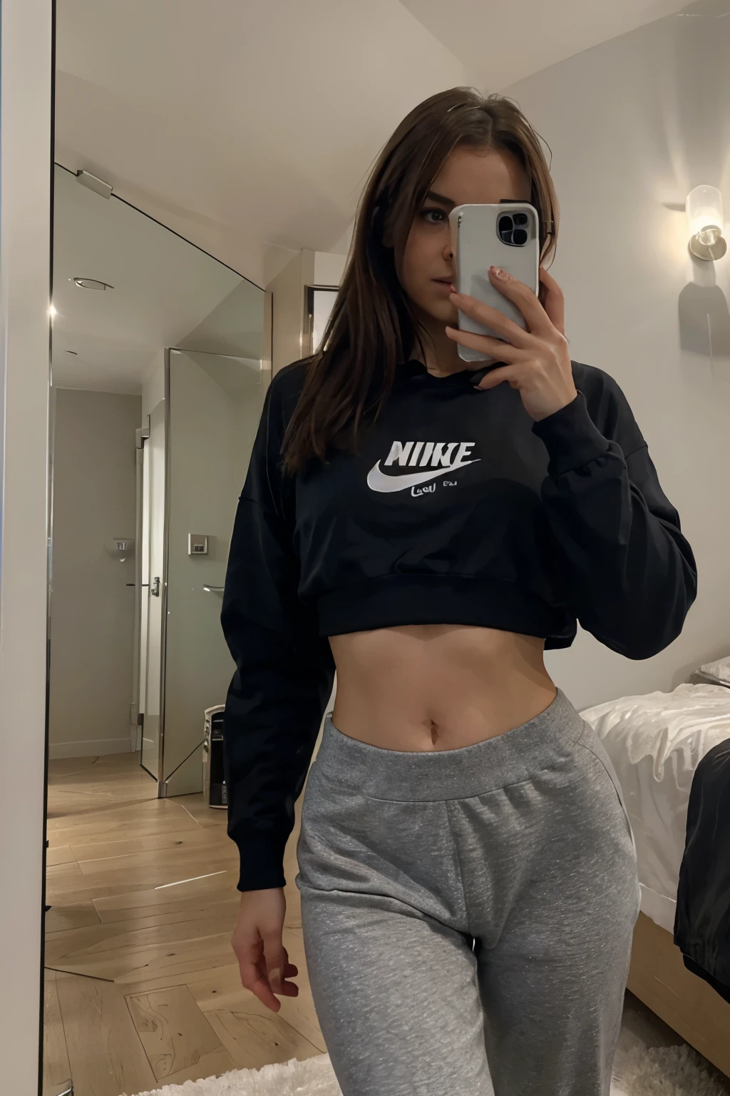 Une femme brune dans sa chambre habillée en jogging gris nike qui se prend en photo devant un mirroir avec son téléphone