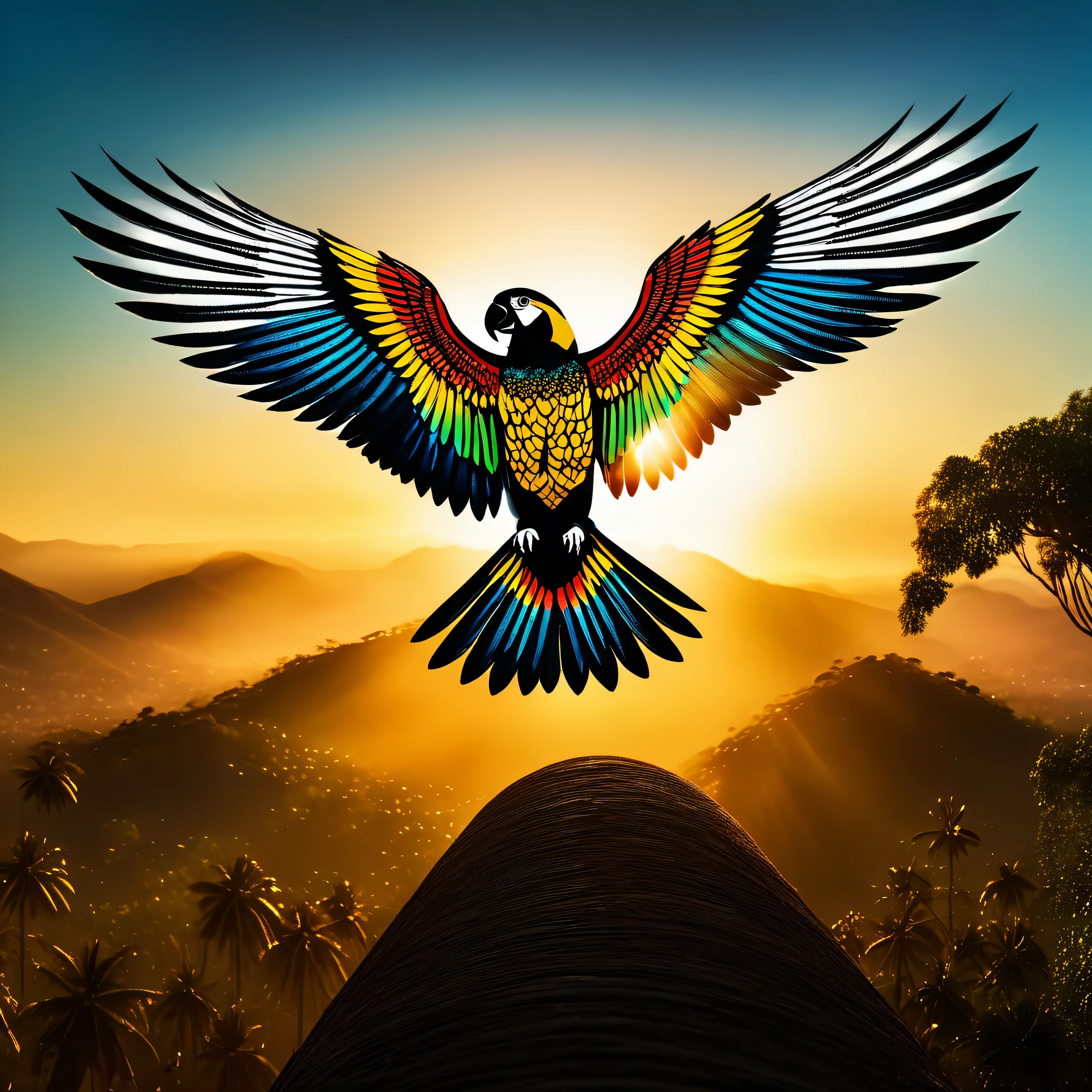 Sunset, full body shot of beautiful colour parrot Capture the details of expensive "Dia De Los Muertos" Spread wings, On the man shoulder. dynamic composition, dramatic lighting to create a cinematic forest and blue-sky atmosphere... National geographic quality images, extremely detailed, volumetric lighting, Background: City Street. Ultra Professional PhotoRealistic ((UnrealEngine5 epic tmasterpiece, ultra high-quality, ultra high-details, ultra sharp-focus, ultra high-resolution 64K XT3 ultra high-definition, vibrant DSLR vivid colorful lighting, cinematic_sunlight, saturate)), varies multi etc. --v 6 --s 1000 --c 20 --q 5 --chaos 100