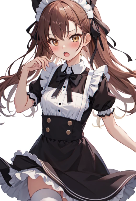 highest quality, masterpiece, High resolution, alone, (superior_Mikoto_Blue Archive:1.10), One girl, Maid, blush, Maidの頭飾り, Maidエプロン, Black Dress, Frill apron, Knee socks, White apron, bow, View Viewer, ribbon, Short sleeve, Simple Background, White Background, zettai ryouiki, Detachable collar, Open your mouth, Puffy sleeves, 10 