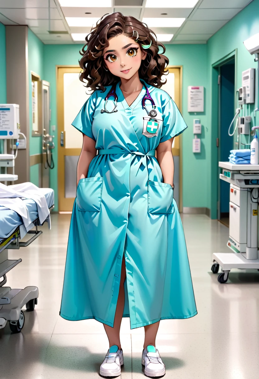 Chica de cabello rizado, with small brown eyes, la cual mide al menos 1.50 metros de altura con un peso de 60 kilos, who is dressed in a medical gown and white shoes and is in an emergency room posing for a photo and on her gown there is a pastel-colored badge with her name which says KATHERING and the text is legible black