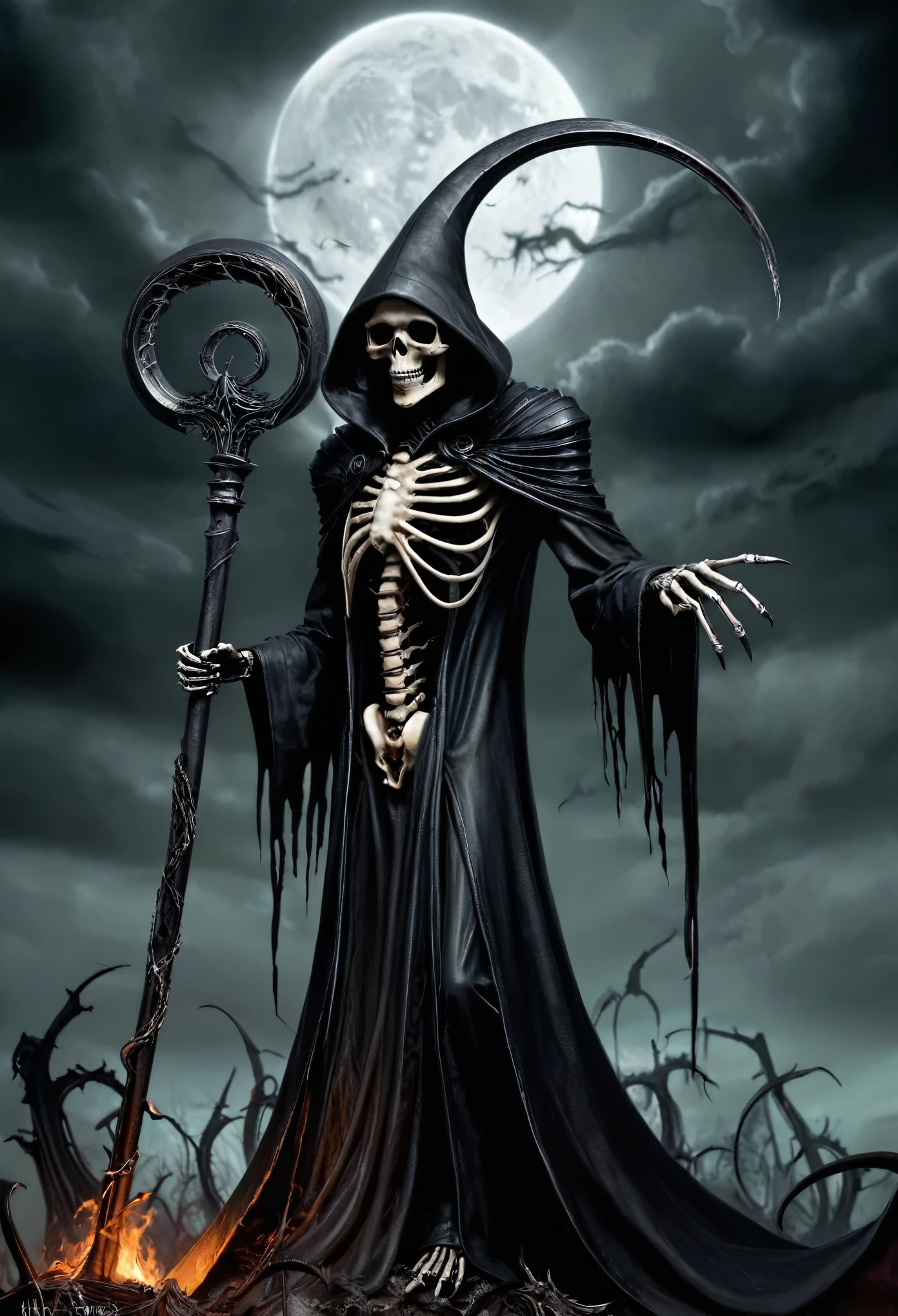 Create an image of a black grim reaper with a scythe in a medium style, drawing inspiration from dark, gothic art with elements of Tim Burton's style and biomechanical details similar to H.R. Giger's work. Design it to be visually striking in ultra high definition :: --aspect 9:16 --version 6 --quality 1 --stylize 100 --chaos 50 --repeat 10 --weird 200 
