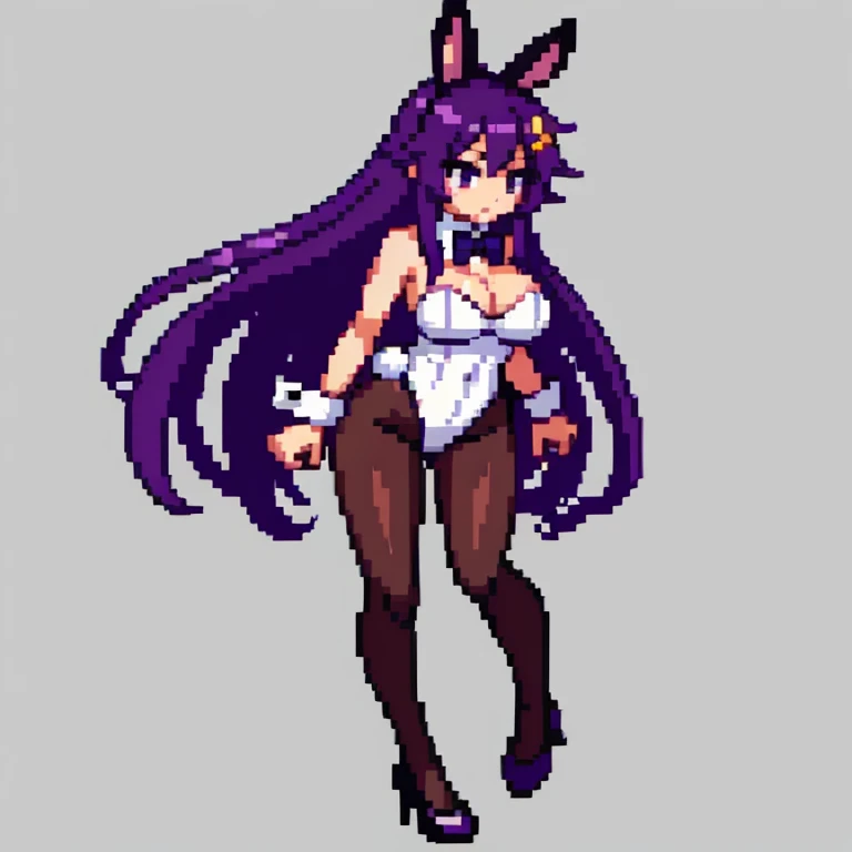 Pixel art, 6-life, full body, facing left,run, animal ears, rabbit ears, playboy bunny, a woman, wrist cuffs, leotard, black leotard, fake animal ears, detached collar, tail, pantyhose, strapless leotard , solo, bow, long hair, strapless, bowtie, rabbit tail, high heels, purple hair'full body, black bowtie, brown legwear, white background, standing, black bow, simple background, hair ornament, breasts,Big breasts,black footwear, cleavage, Saori Kido