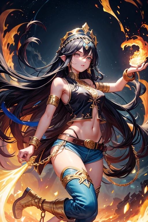 30 year old woman, long black hair, long messy hair, black eyes, djinn clothing, open blue sleeveless vest, blue vest with white Arabic print, light blue Arabic pants, gold belt, djinn bracelet with gems, blue boots, brown boots, phosphorescent blue tattoos, surrounded by fire and blue smoke with magic circles with chains tied to hands and feet surrounded by white chains on a background of arabic ruins. with magic circles and a crown of fire on his head, slim build
