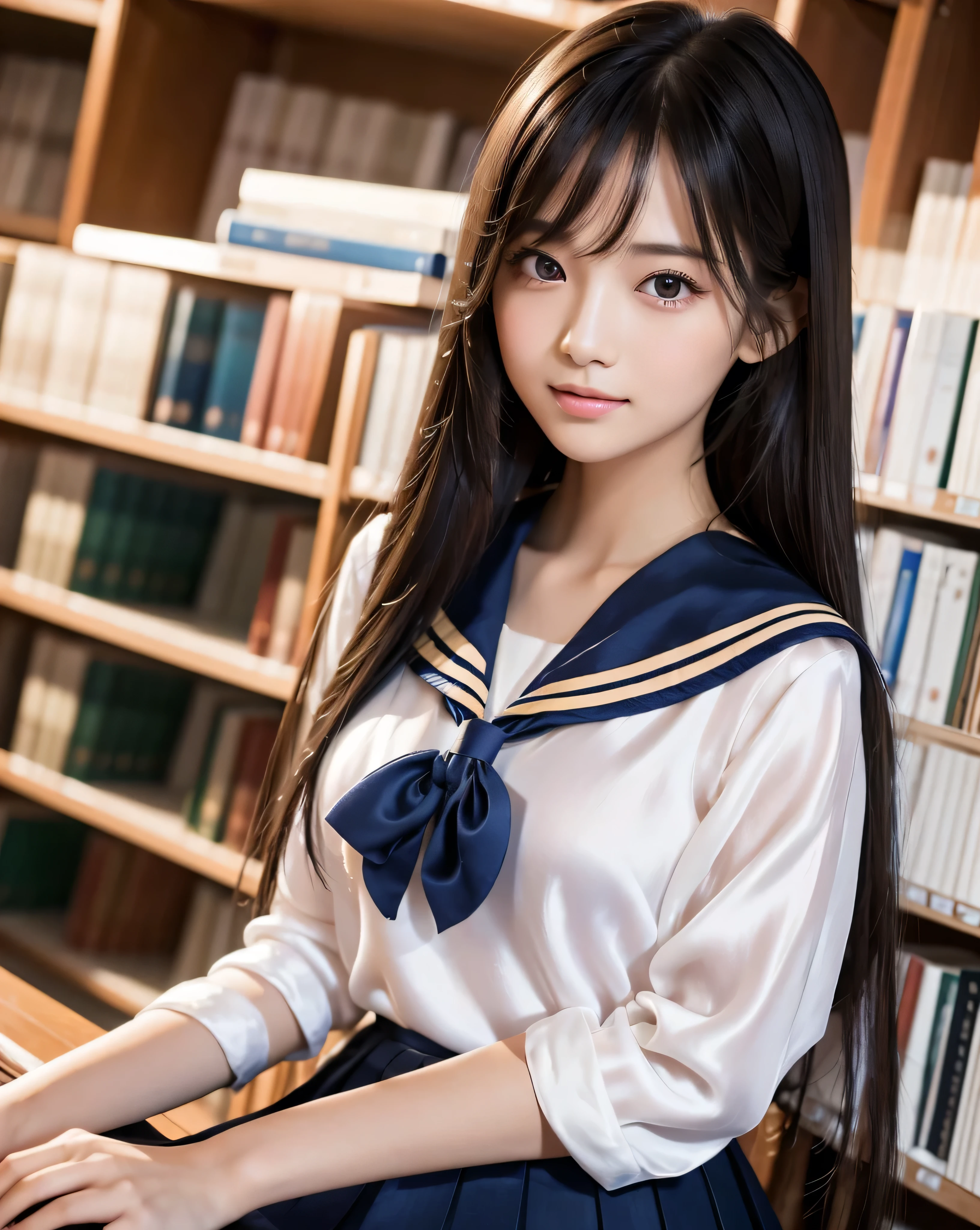 Sensation of, Beautiful Japanese Girls, ((An honors student sitting and studying in the University Library:1.4)), An exceptionally beautiful face, Small Face Beauty, Perfect Human Anatomy, Magical big eyes, Motherhood and generosity, Deep Love, A profile with a fleeting smile, ((Shiny black hair:1.3), (Beautiful super long straight silk hair)), Asymmetrical bangs, Hair between the eyes, Transparent, soft white skin, Sharp eyebrows, Thin lashes, Natural Makeup, Cheek highlighter, Pale pink detailed lips, , ((High school girl sailor suit:1.2)), ((:Navy pleated skirt 1.4)), Slim figure with ample breasts, Beautiful thighs in high resolution, ((University Library)), Soft sunlight, Bright interior, Professional Lighting, Professional photographer, Professional models, mysterious