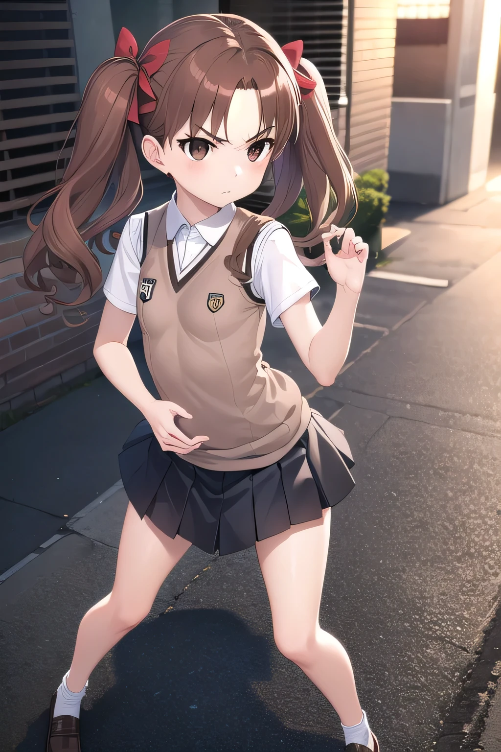 kurokoshirai, kuroko shirai, brown hair, long hair, (parted bangs:1.5), (brown eyes:1.7), Ringlet, twin tails, hair bow, bow, red bow, (Small breasts:1.5),
break armband, black skirt, collared shirt, dress shirt, pleated skirt, safety pin, , shirt, short sleeve, skirt, summer clothes, sweater vest, tokiwadai , twin tails, white shirt, (brown sweater vest:1.5),
break looking at viewer, , whole body,
BREAK Outdoor, Alley,
break (masterpiece:1.2), highest quality, High resolution, unity 8k wallpaper, (shape:0.8), (fine and beautiful eyes:1.6), highly detailed face, perfect lighting, Very detailed CG, (perfect hands, perfect anatomy)、A disdainful look、Looking Down、Glaring at me、blush:1.3、Full body portrait、Official image、Hollow Eyes
