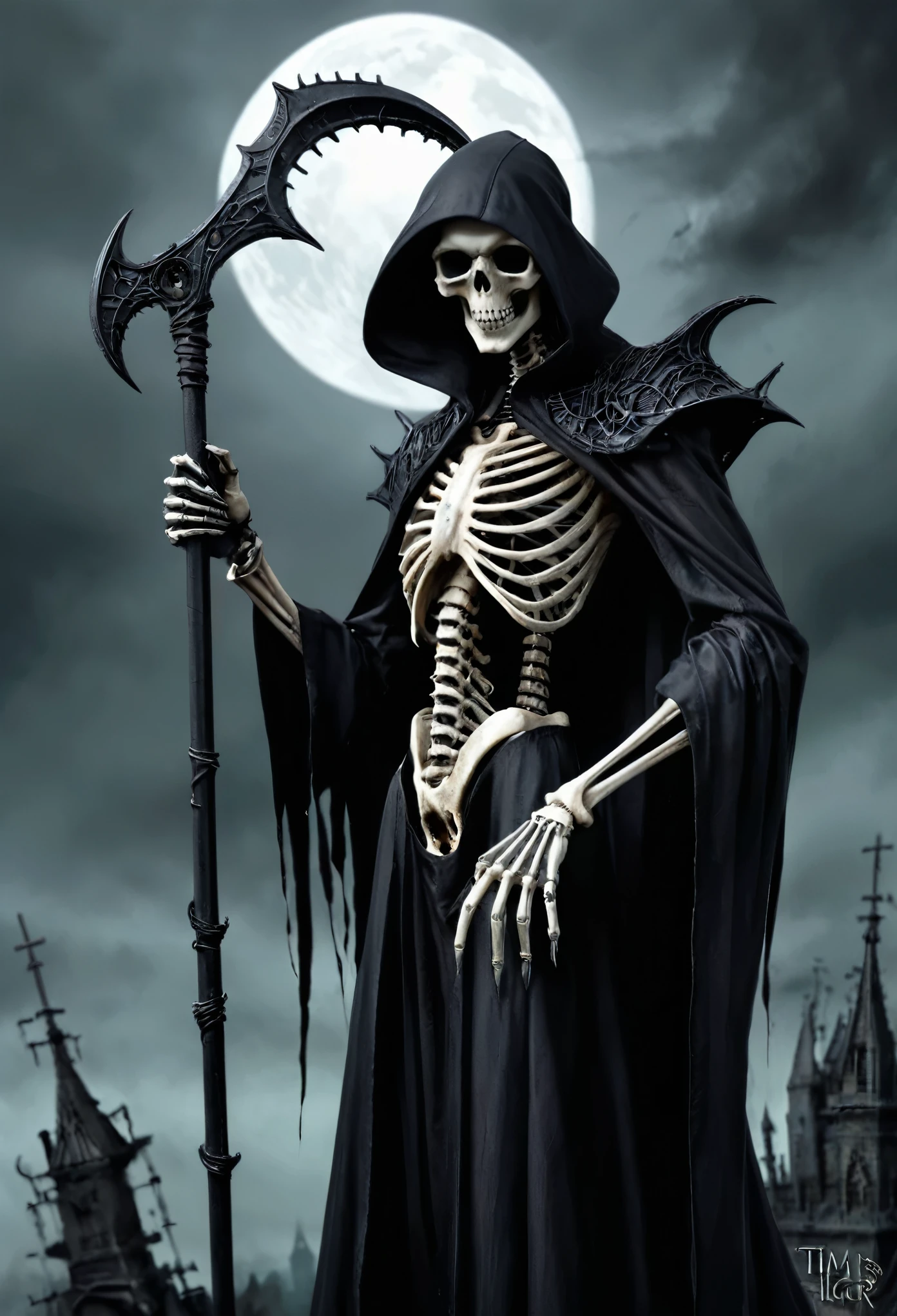 Create an image of a black grim reaper with a scythe in a medium style, drawing inspiration from dark, gothic art with elements of Tim Burton's style and biomechanical details similar to H.R. Giger's work. Design it to be visually striking in ultra high definition :: --aspect 9:16 --version 6 --quality 1 --stylize 100 --chaos 50 --repeat 10 --weird 200