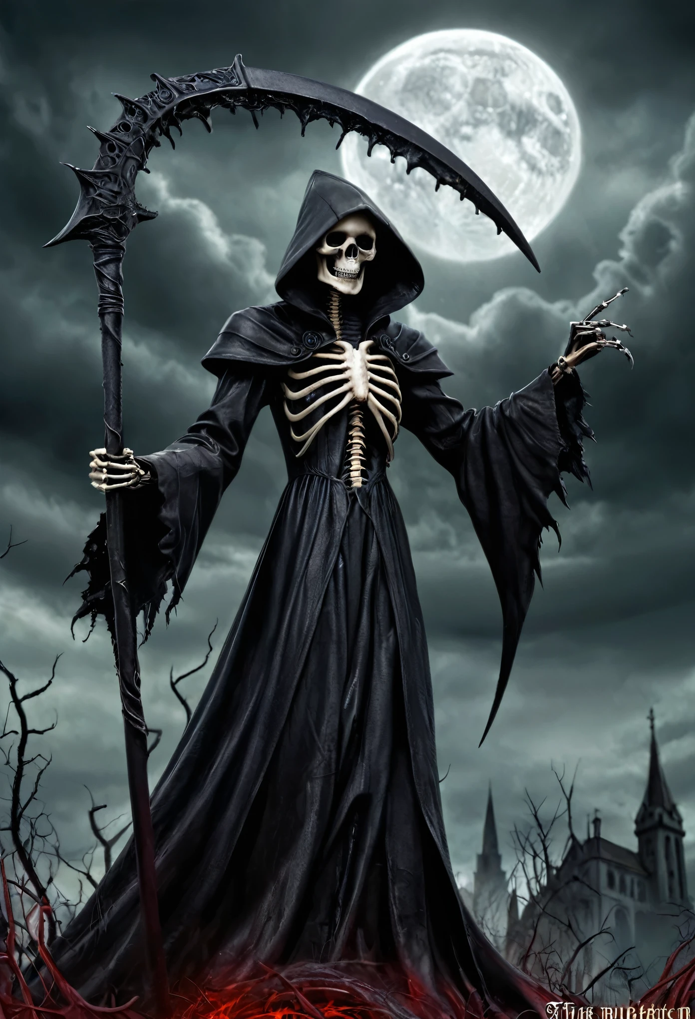 Create an image of a black grim reaper with a scythe in a medium style, drawing inspiration from dark, gothic art with elements of Tim Burton's style and biomechanical details similar to H.R. Giger's work. Design it to be visually striking in ultra high definition :: --aspect 9:16 --version 6 --quality 1 --stylize 100 --chaos 50 --repeat 10 --weird 200