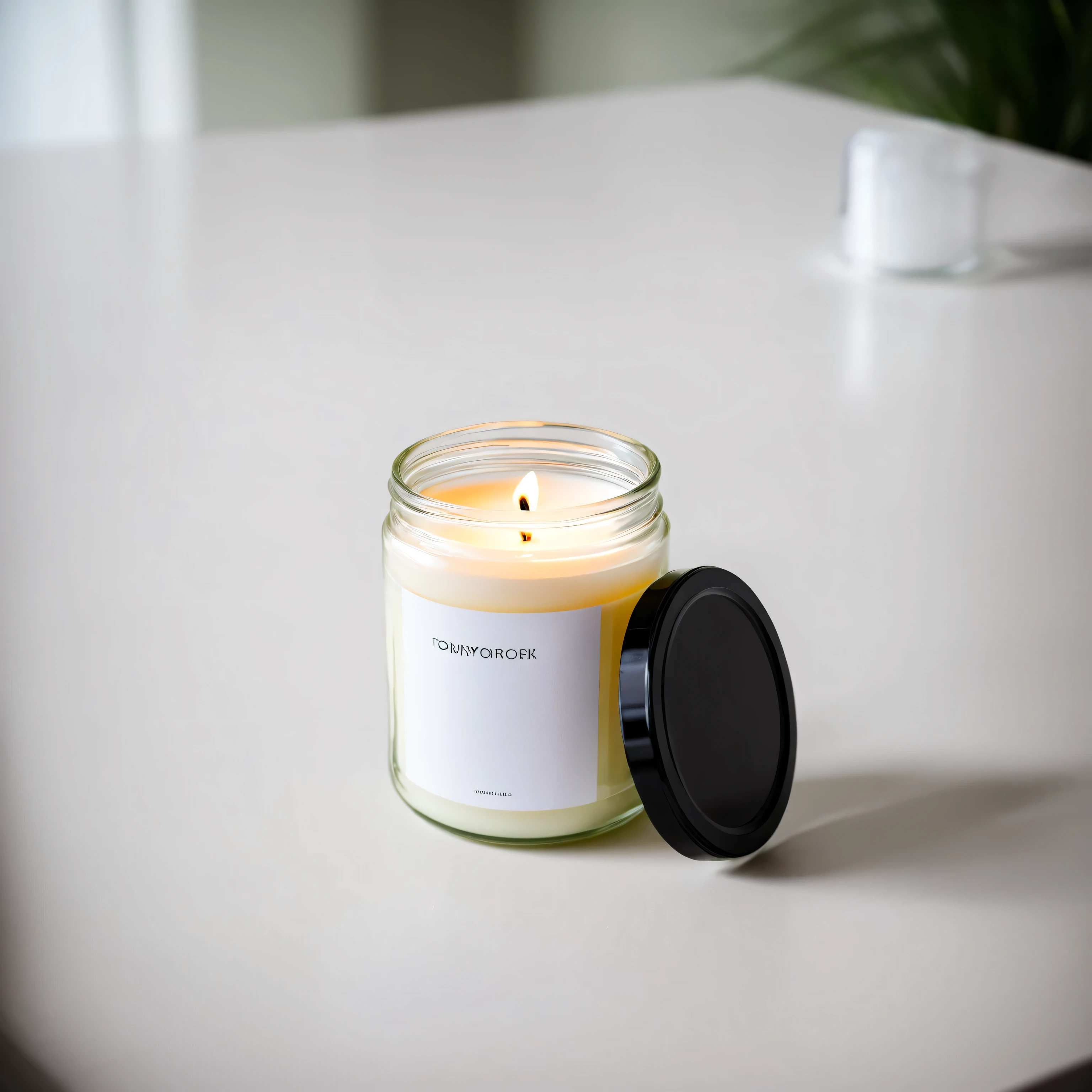 small candle in a jar with white label and black lid, standing on a table in modernistic, designer interior, professional photography, a7s camera, 50mm lens, macro, shallow depth of field, daylight