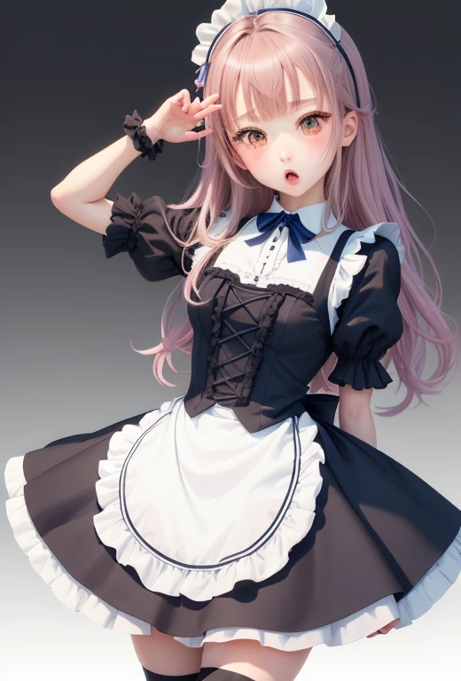 highest quality, masterpiece, High resolution, alone, (superior_Mikoto_Blue Archive:1.10), One girl, Maid, blush, Maidの頭飾り, Maidエプロン, Black Dress, Frill apron, Knee socks, White apron, bow, View Viewer, ribbon, Short sleeve, Simple Background, White Background, zettai ryouiki, Detachable collar, Open your mouth, Puffy sleeves, 10 