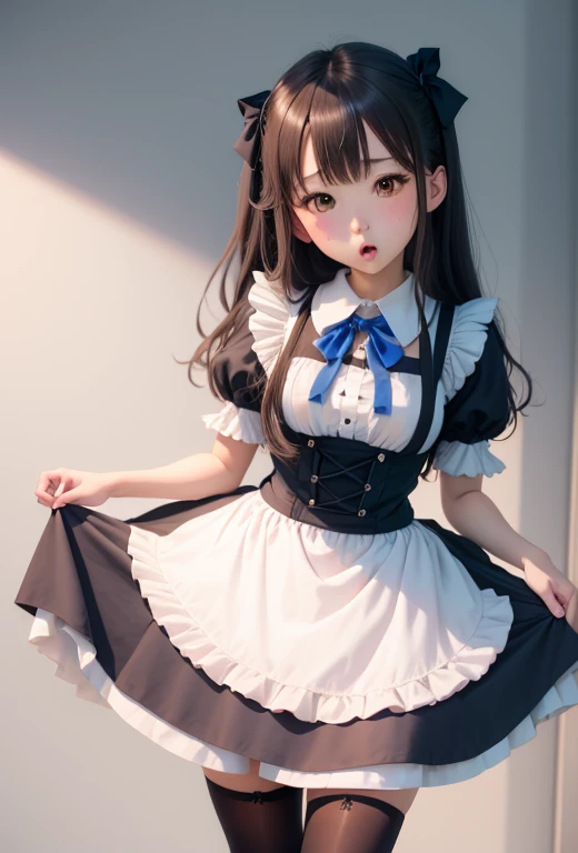 highest quality, masterpiece, High resolution, alone, (superior_Mikoto_Blue Archive:1.10), One girl, Maid, blush, Maidの頭飾り, Maidエプロン, Black Dress, Frill apron, Knee socks, White apron, bow, View Viewer, ribbon, Short sleeve, Simple Background, White Background, zettai ryouiki, Detachable collar, Open your mouth, Puffy sleeves, 10 