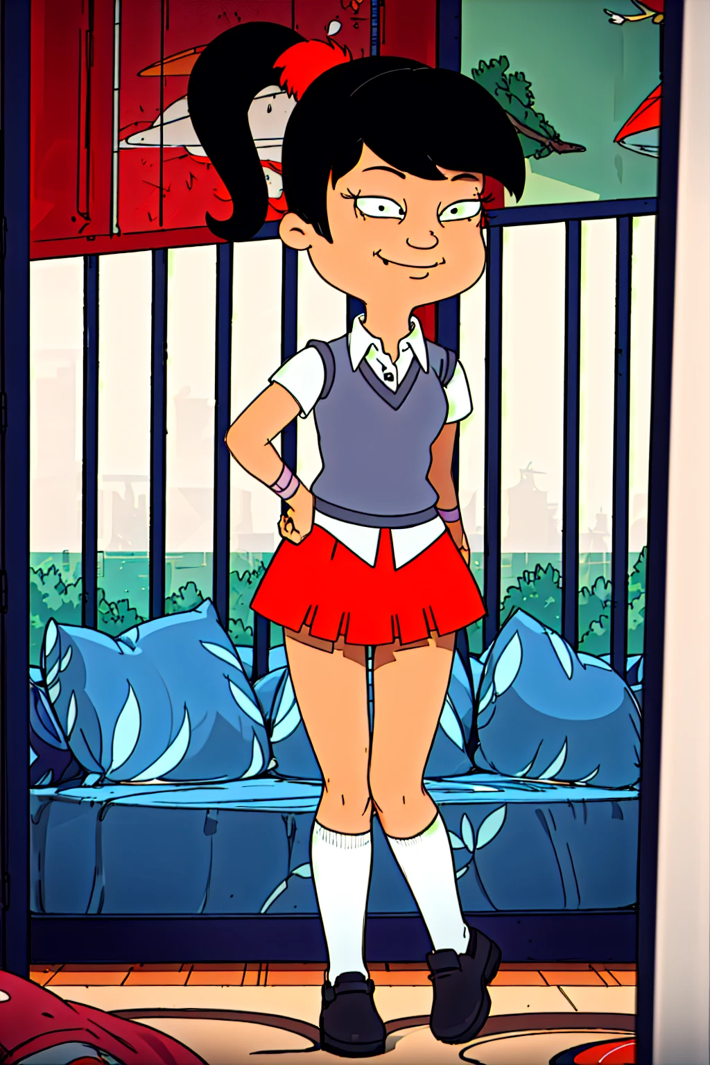 akiko, 1girl, black hair, solo, ponytail, sweater vest, , orange skirt, socks, shirt, short sleeves, shoes, smile,looking at viewer, american dad,dot pupils, panties, skirt lift, upskirt view