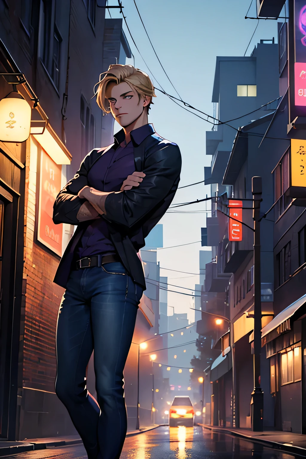 (high quality, 4k, Full HD, nocturnal) young man, light skin, no beard, dark purple dress shirt, jeans, skinny, small and weak, no definition, thin arms, blonde hair, short hair, city, night, lighting artificial.