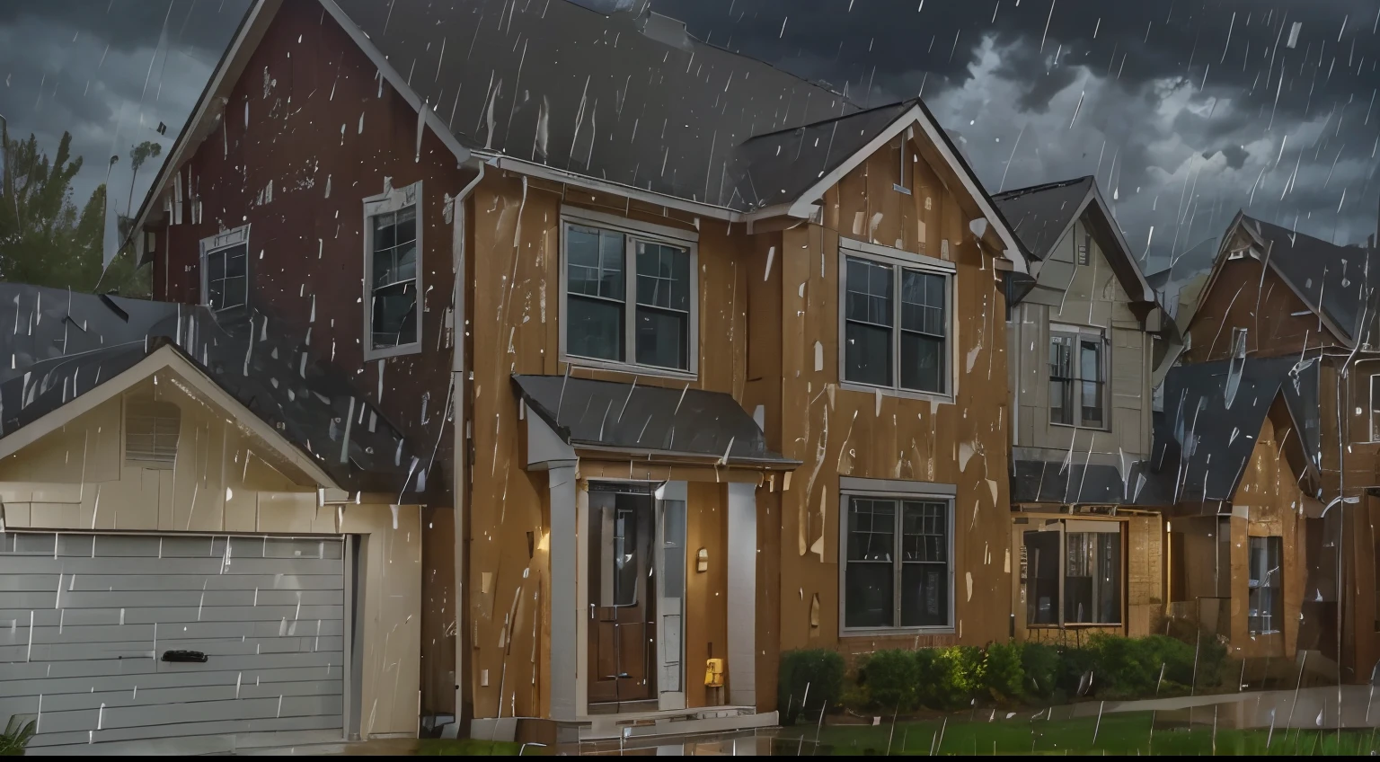 Depict a two-story residential house set against a dramatic stormy sky. The architecture is a blend of brick and siding, with windows that reflect the turbulent weather. A closed garage door suggests the quietude of the home’s interior.