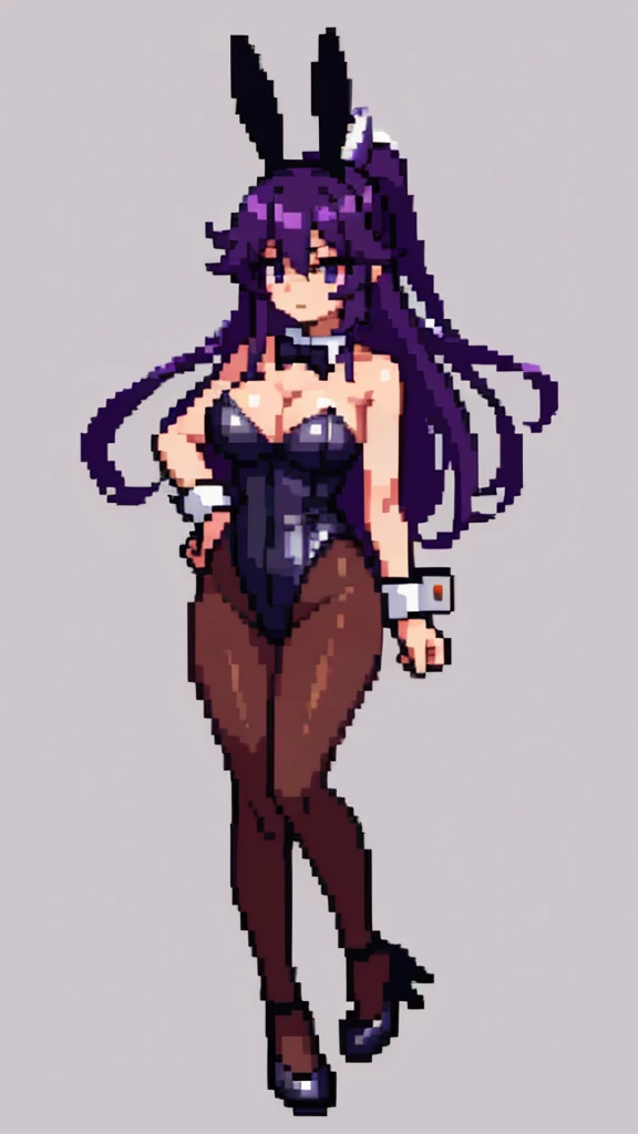 Pixel art, 6-life, full body,run, animal ears, rabbit ears, playboy bunny, a woman, wrist cuffs, leotard, black leotard, fake animal ears, detached collar, tail, pantyhose, strapless leotard , solo, bow, long hair, strapless, bowtie, rabbit tail, high heels, purple hair'full body, black bowtie, brown legwear, white background, standing, black bow, simple background, hair ornament, breasts,Big breasts,black footwear, cleavage, Saori Kido